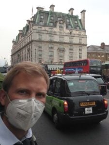 Wearing 3M N95 air pollution mask on London streets