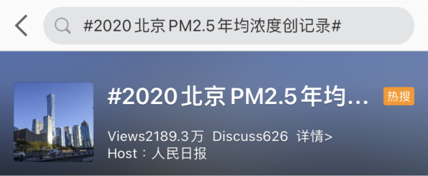 微博热搜#2020北京PM2.5年均浓度创纪录#