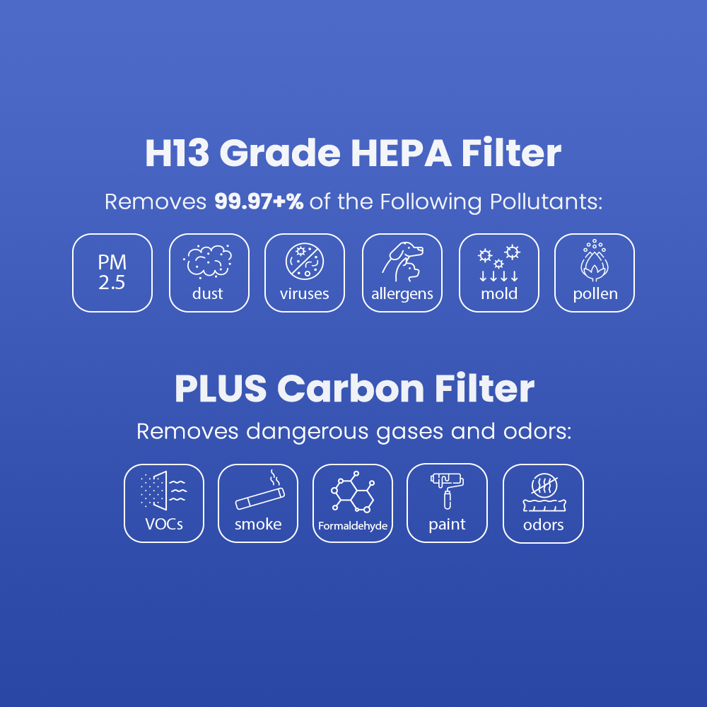 HEPA filters can remove 99.9% of pollutants from the air on one pass, including viruses, allergens, and PM2.5, which are linked to all sorts of diseases. 