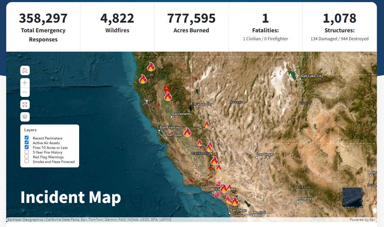 number of wildfires in California