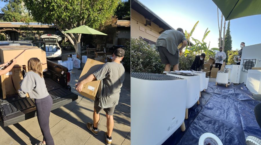 Volunteers moved Smart Air air purifiers to cars and delivered them to the shelters.