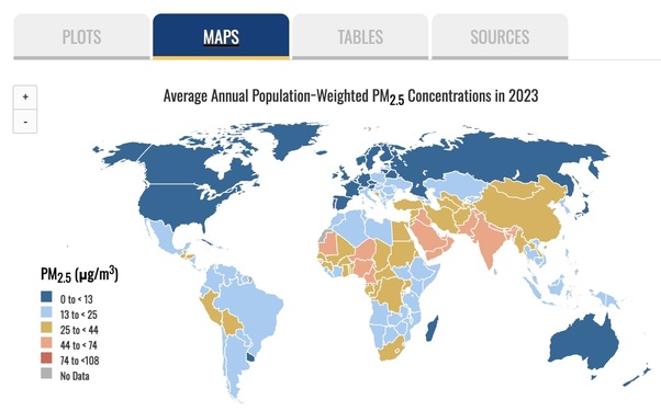 Average annual population-weighted PM2.5 concentrations in 2023