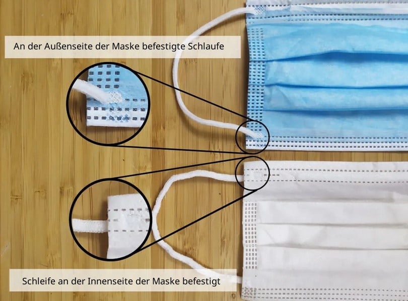Die Richtung der Bandschlaufe an der chirurgischen Maske ist nicht hilfreich, um die richtige Trageweise der Maske anzuzeigen